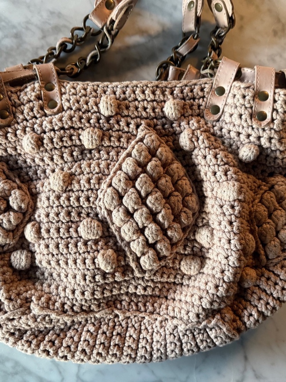 GERARD DAREL Hand-Crocheted Bubble Knit Tote Bag - Beige